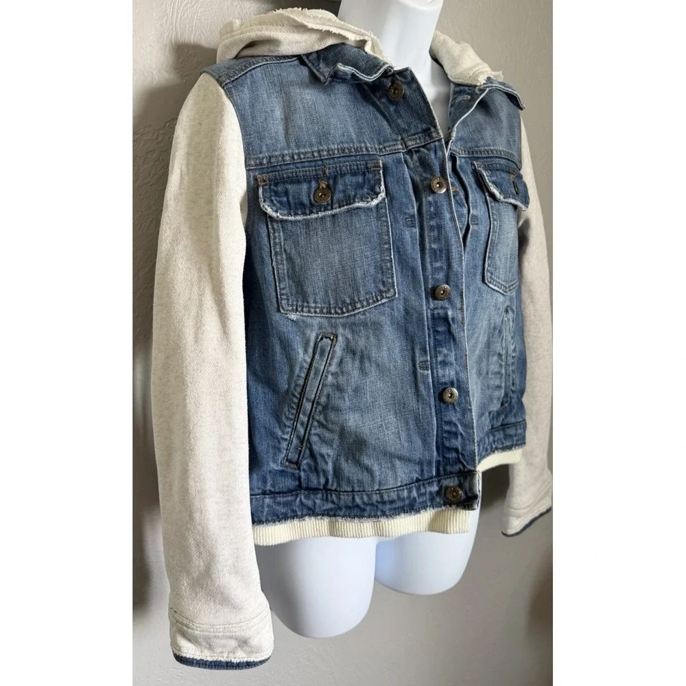 Free People Jacket Womens Size Large Blue Denim Knit Hooded Layered Jean Boho - Picture 12 of 12